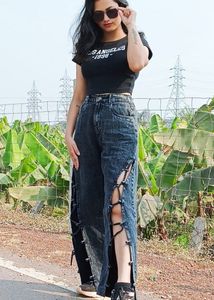 Unique Lace-Up Wide Leg Jeans
