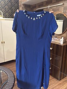 Elegant Royal Blue Embellished Neck Dress