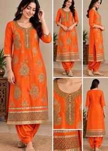 Bright Orange cord set with Gold Embroidery