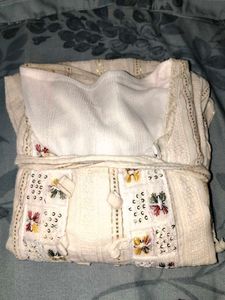Elegant White Kurta with Pom-Pom Trim