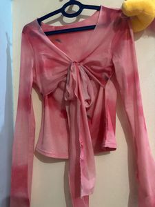 Sheer Pink Tie-Front Long Sleeve Top