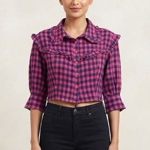 Pink & Navy Gingham Ruffle Top