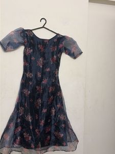 Chic Navy Floral Print Ethnic Gown