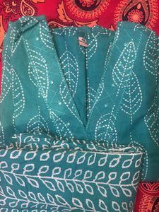 Teal Leaf Print Kurta with Pants