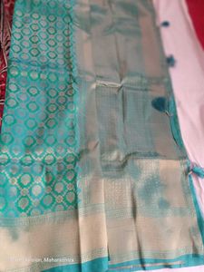 Beautiful semi kanjivaram Teal Saree with Gold Bro