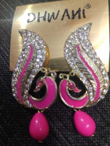 Pink &amp; Rhinestone Peacock Earrings