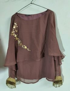 Casual Cape Sleeves Embellished Brown Top