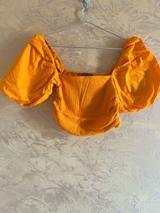 Orange Puff Sleeve Square Neck Crop Top