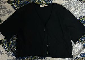 Black V-Neck Button-Up Top