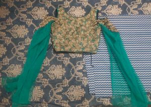 Embroidered  Green &amp; Gold Lehenga with Sleeves
