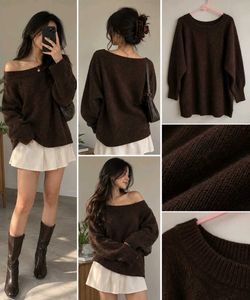 Brown Knit Off-Shoulder Sweater | Size XL