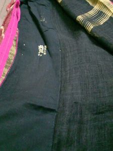free shipping pure linen Elegant Black Saree witho