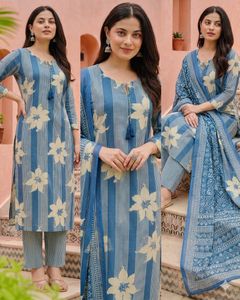 Blue Floral Striped Kurta Set