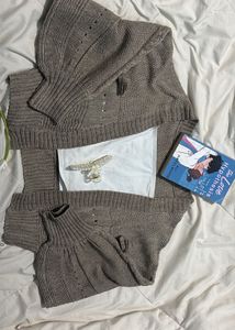 Taupe Brown Coquette Ribbon Crop Cardigan