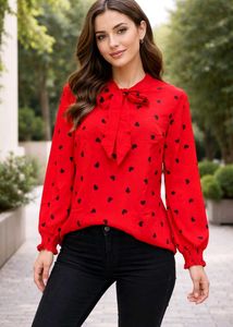 Charming Red Heart Print Bow Blouse