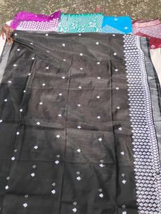 Elegant Black Saree with Silver Motifs