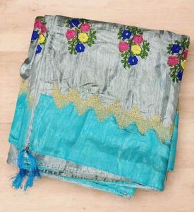 Embroidered Grey & Teal Saree