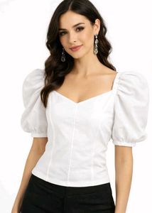 Elegant White Puff Sleeve Sweetheart Neck Top