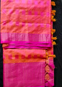 Pink & Orange Checked Saree
