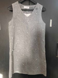 Korean Gray Sleeveless Pearl Embellished Dress