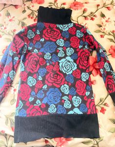 Rose Print Turtleneck Sweater