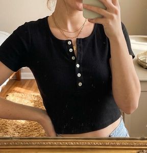 Ribbed Black Henley Crop Top
