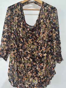 Sheer Floral Print Drape Neck Top