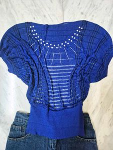 Blue Embellished Sheer Top