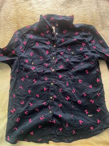 Dark Blue Printed Button-Up Shirt