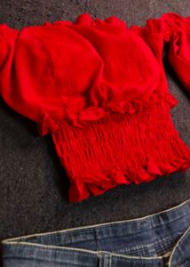 Red Off-Shoulder Crop Top with Puff Sleeves