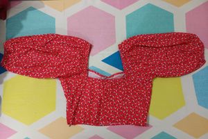 Red Floral Puff Sleeve Crop Top