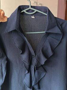 Elegant Navy Blue Ruffled Blouse