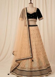 Elegant Black Velvet Blouse &amp; Beige Net Lehenga