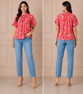 Women's Floral Print Ruffled Neck Top