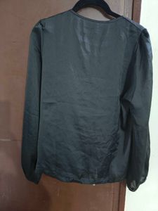 satin Black Button-Up Blouse