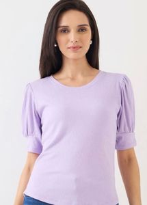 Purple Ribbed Puff Sleeve Top