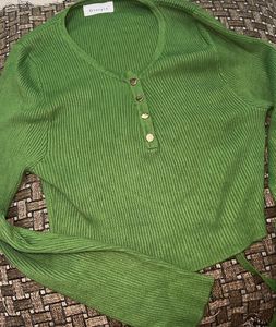 Trendy Green Ribbed Henley Top