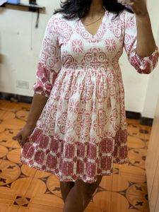New Pink &amp; White Print Casual Dress