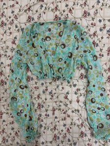Sheer Bubble Print Long Sleeve Crop Top