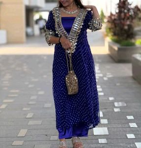 Blue Bandhani Kurta Set with Mirror Work