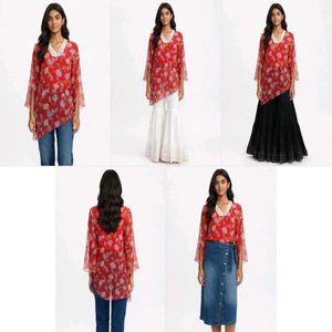 Red Chiffon Floral Asymmetric Top with Lycra Linin