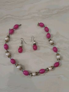 Pink &amp; Pearl Beaded Necklace with Drop Earrin
