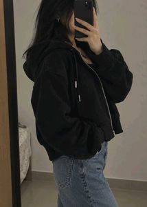 Black Cropped Zip-Up Hoodie