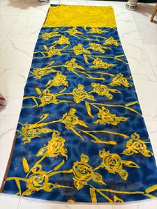 Blue Yellow Floral Saree with attached blouse