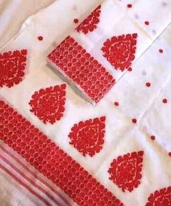 Elegant White Saree with Red Embroidery