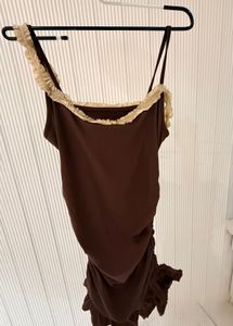 Brown Ruched Dress with Ruffle Trim