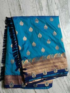 Beautiful Teal Silk Saree with Gold Weave and comp