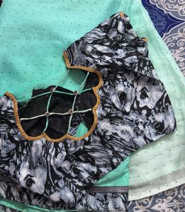 Beautiful Teal Saree with Polka Dots and Blouse