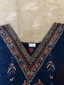 Blue Printed V-Neck Kurta