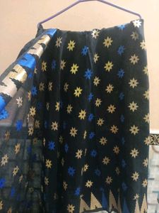 Black Saree with Gold and Blue Motifs